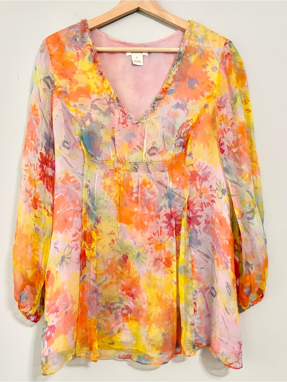 Sundance 100% Silk Tie Dye Rainbow Multicolor Long Sleeve Blouse